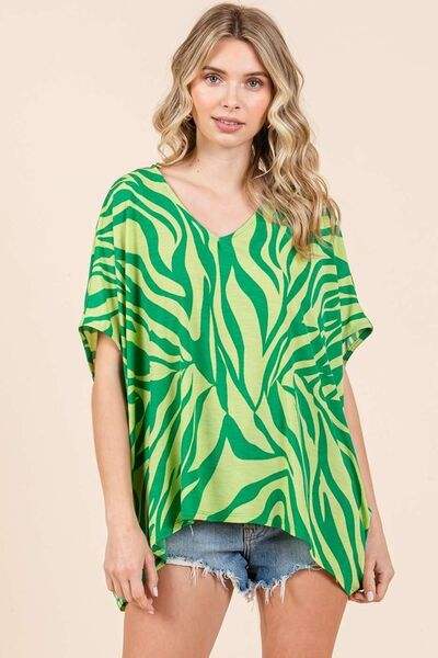Mittoshop Zebra Print V-Neck Short Sleeve Oversized Top - Trendsi - Flyclothing LLC