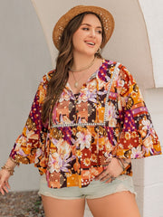 Plus Size Printed Tie Neck Blouse - Trendsi