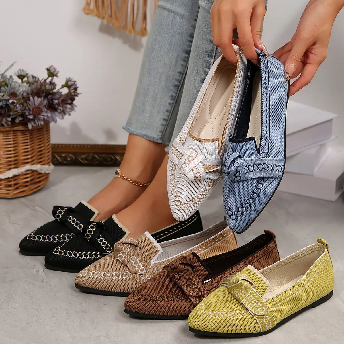 knitted Slip-On Flats with Bow - Trendsi - Flyclothing LLC