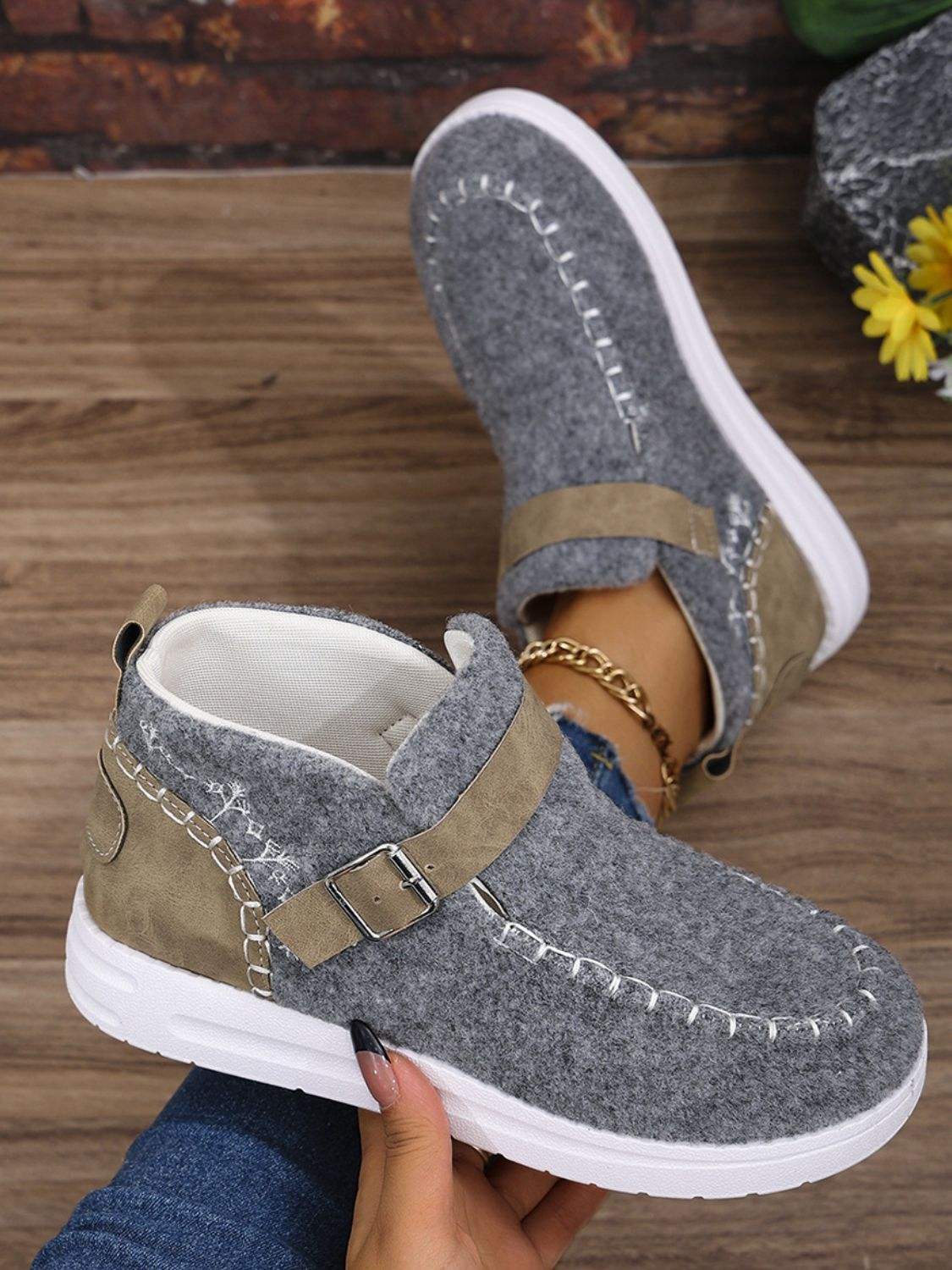 Contrast Round Toe Buckle Sneakers - Trendsi - Flyclothing LLC