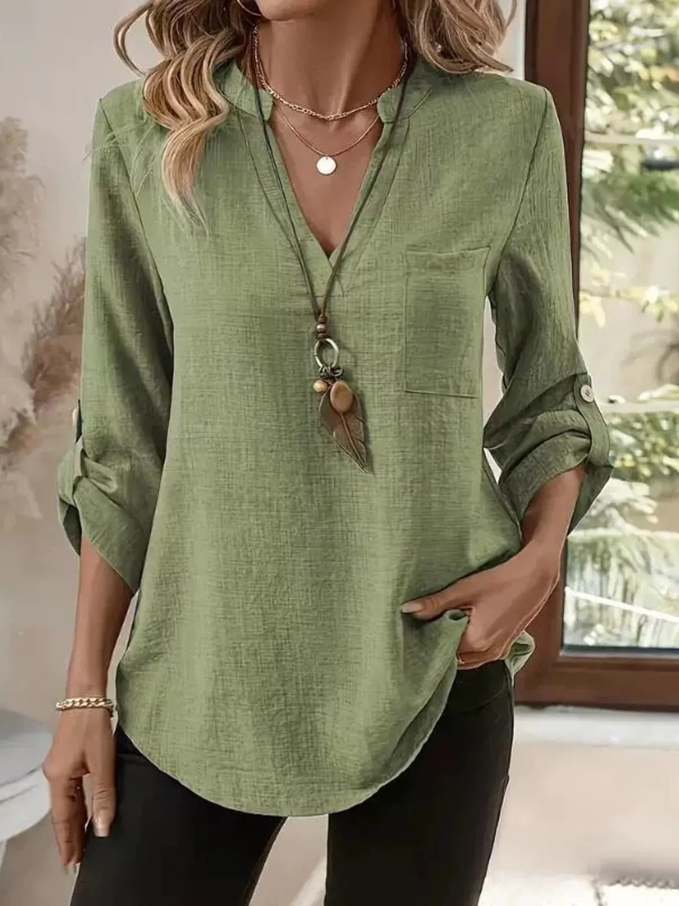 Casual V-Neck Roll-Sleeve T-Shirt with Pocket - Trendsi - Flyclothing LLC