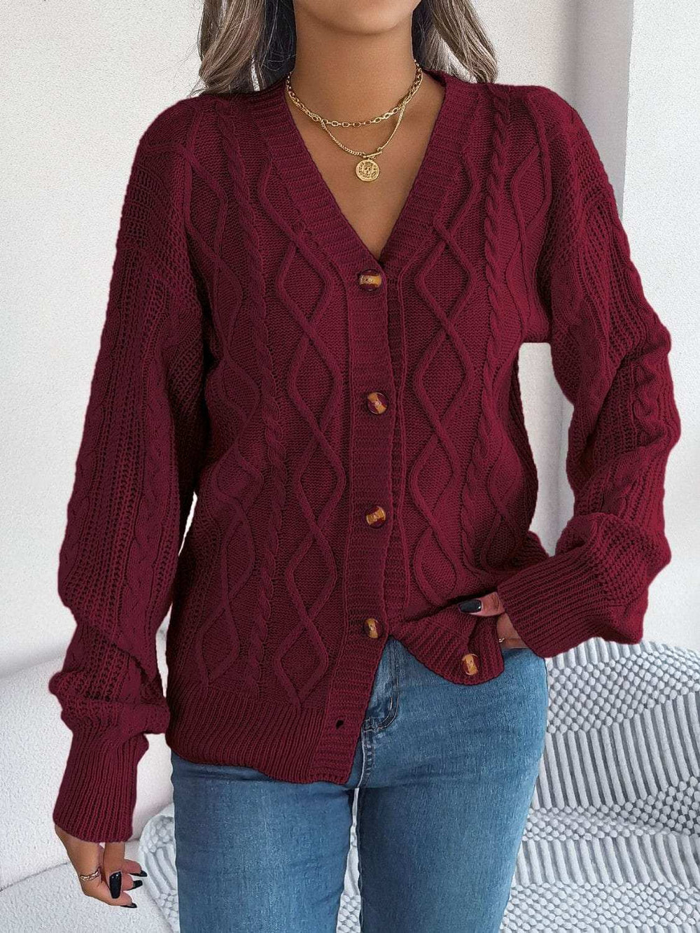 Cable-Knit Long Sleeve Cardigan - Trendsi - Flyclothing LLC