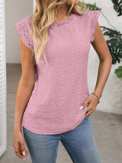 Lace Detail Round Neck Cap Sleeve Top - Trendsi - Flyclothing LLC
