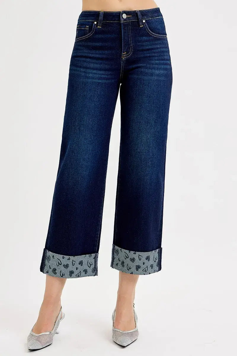 RISEN Full Size Mid Rise Fit Crop Wide With Printed Cuff Jeans Plus Size - Trendsi - Flyclothing LLC