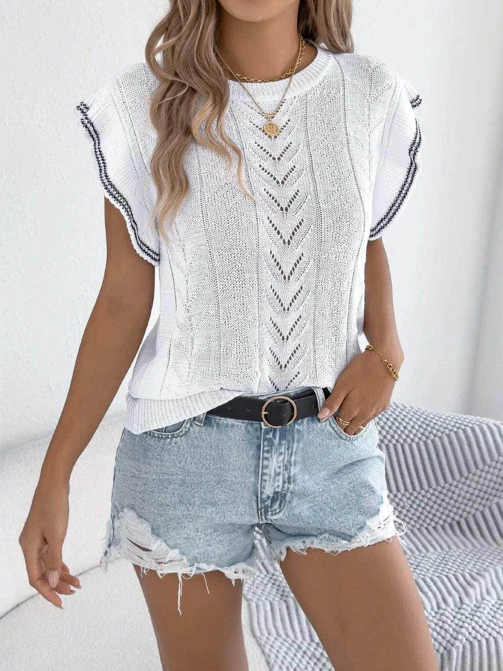 Openwork Round Neck Cap Sleeve Knit Top - Trendsi - Flyclothing LLC