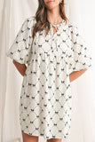 Bow Print Tie Neck Half Sleeve Dress - Trendsi