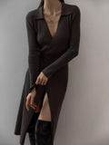 Tied Collared Neck Long Sleeve Sweater Dress - Trendsi