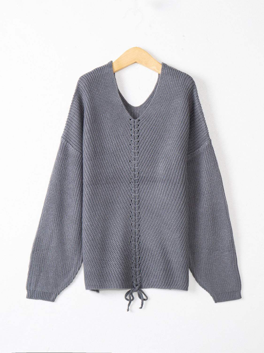 Full Size Lace Up V-Neck Long Sleeve Sweater - Trendsi - Flyclothing LLC