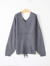 Full Size Lace Up V-Neck Long Sleeve Sweater - Trendsi - Flyclothing LLC