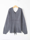 Full Size Lace Up V-Neck Long Sleeve Sweater - Trendsi - Flyclothing LLC