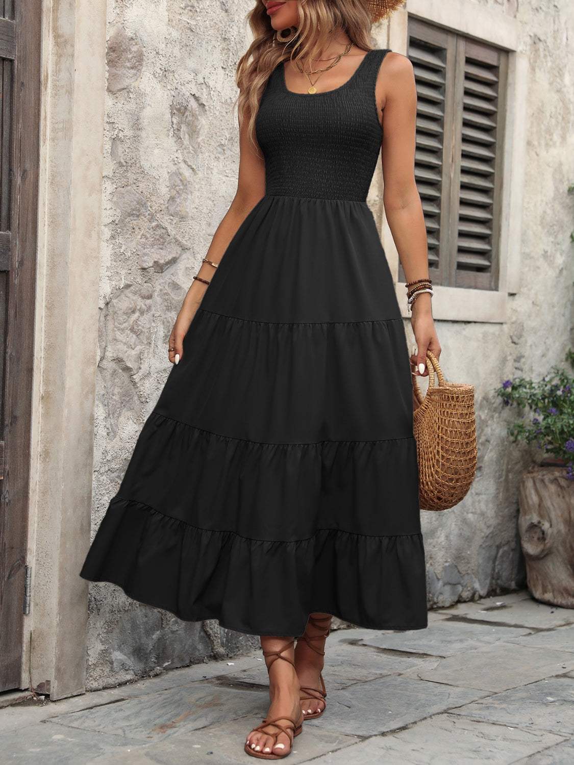 Smocked Scoop Neck Sleeveless Tank Dress - Trendsi - Flyclothing LLC