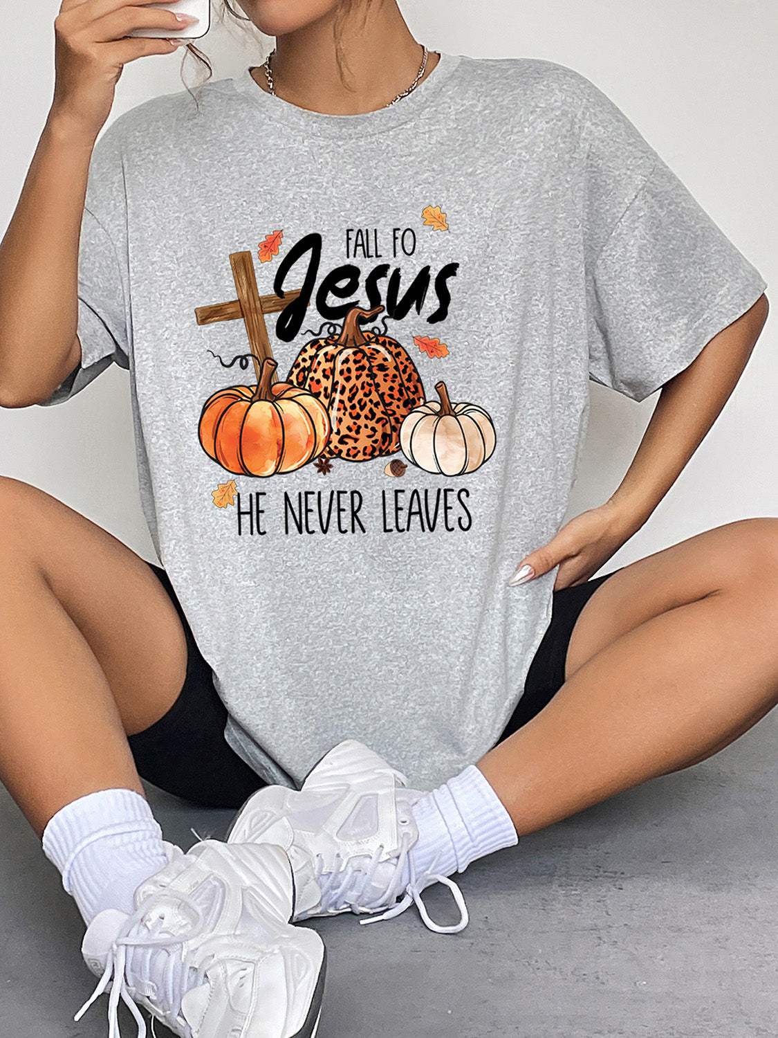 Round Neck Short Sleeve Fall Season Graphic T-Shirt - Trendsi - Flyclothing LLC