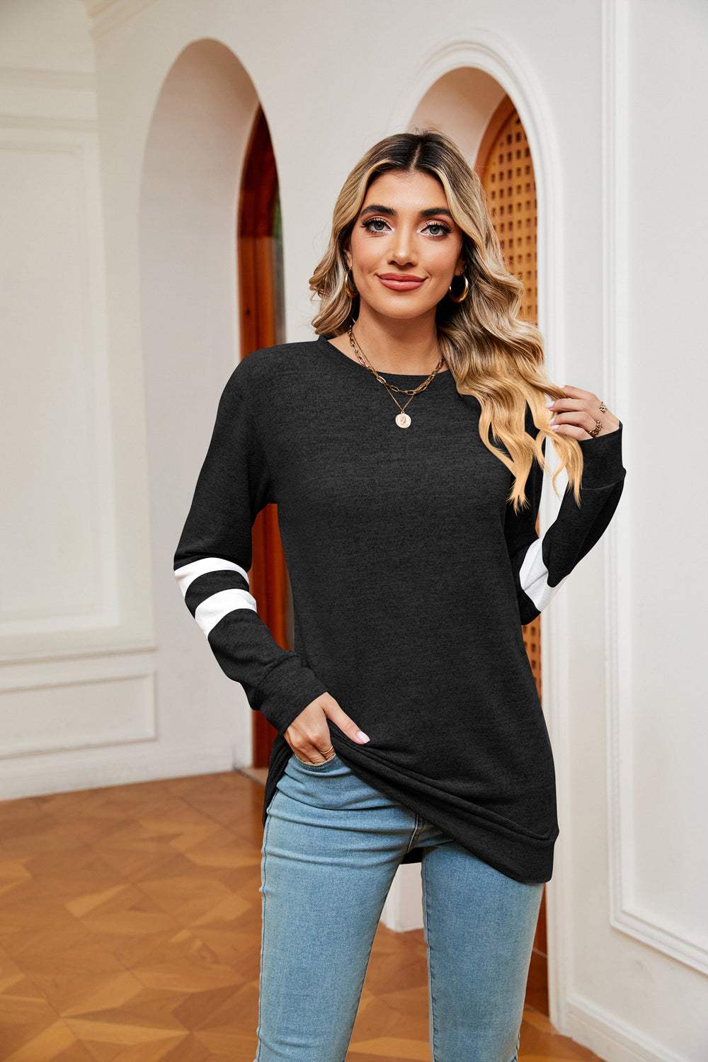 Round Neck Long Sleeve Top - Trendsi - Flyclothing LLC