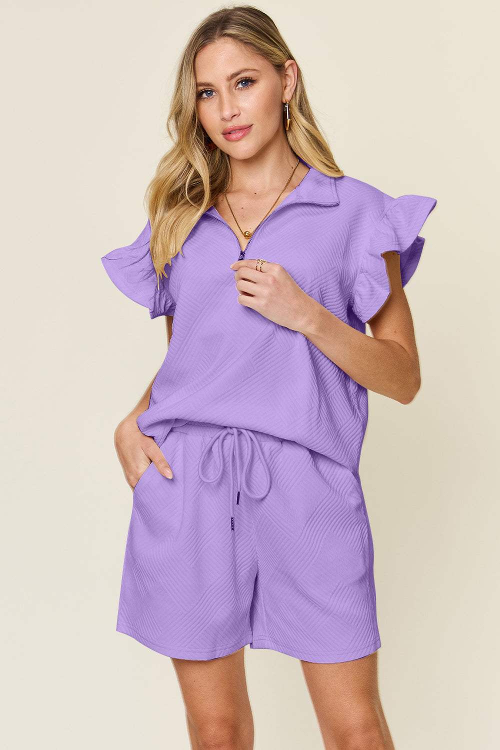 Double Take Full Size Texture Flounce Sleeve Top and Drawstring Shorts Set - Trendsi - Flyclothing LLC