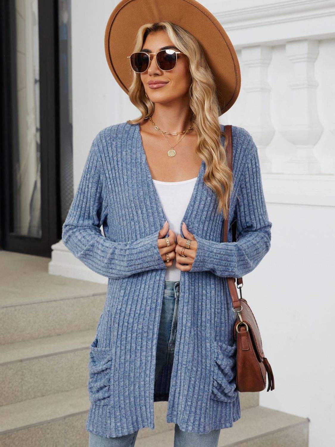 Pocketed Open Front Long Sleeve Cardigan - Trendsi - Flyclothing LLC