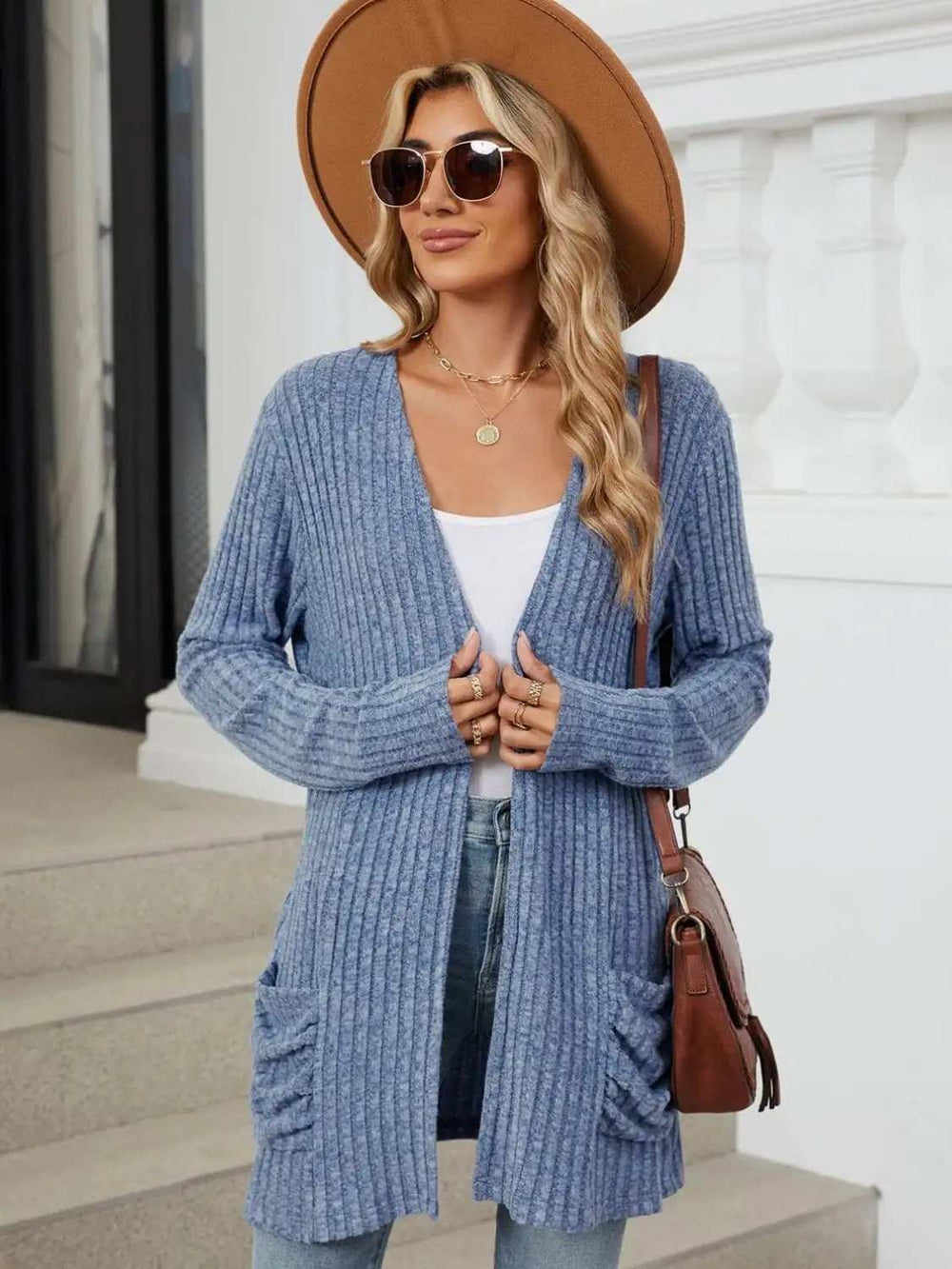 Pocketed Open Front Long Sleeve Cardigan - Trendsi - Flyclothing LLC