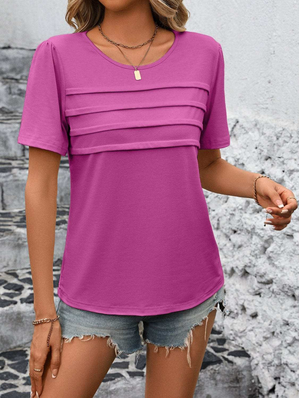 Round Neck Short Sleeve Top - Trendsi - Flyclothing LLC