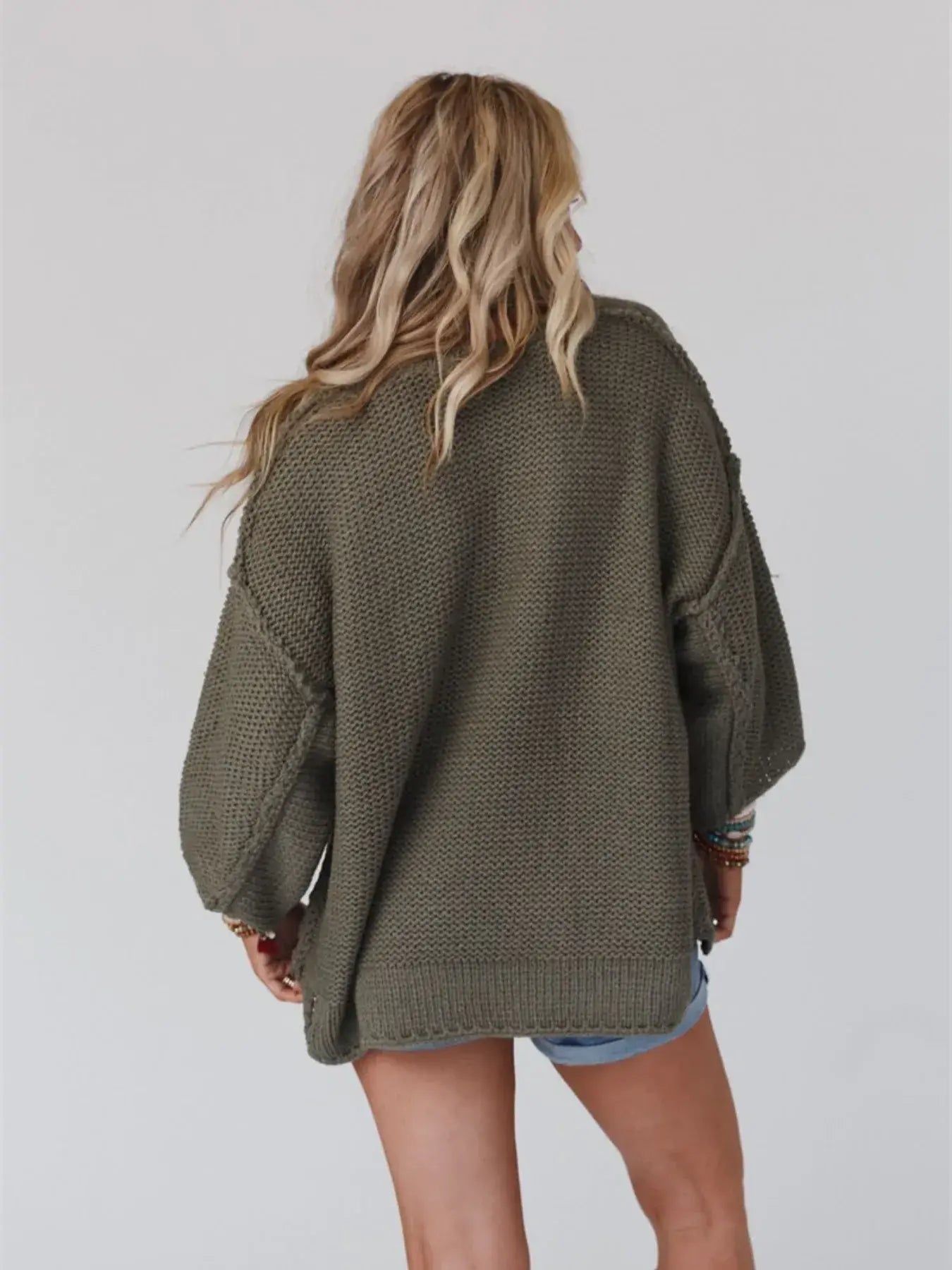 Round Neck Oversized Knit Top with Relaxed Fit - Trendsi - Flyclothing LLC