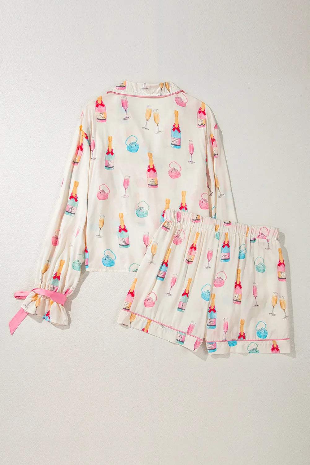 Bow Printed Collared Neck Top and Drawstring Shorts Lounge Set - Trendsi - Flyclothing LLC