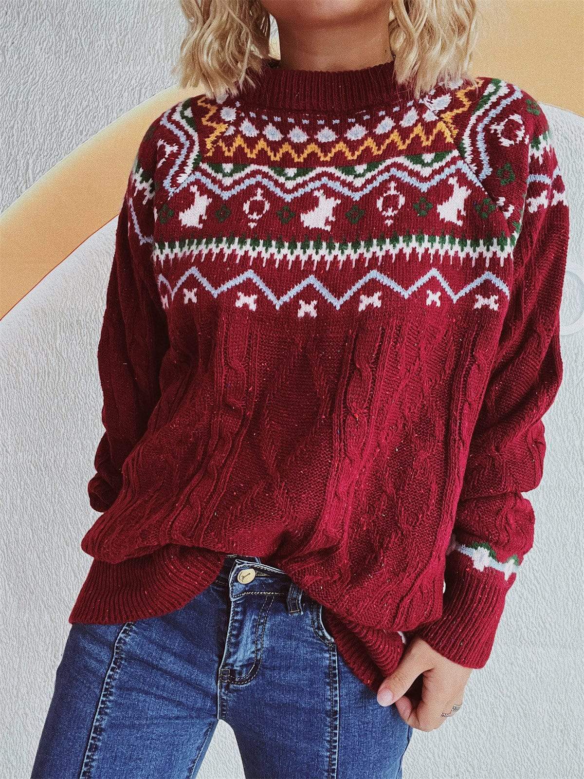 Cable-Knit Mock Neck Long Sleeve Sweater - Trendsi - Flyclothing LLC