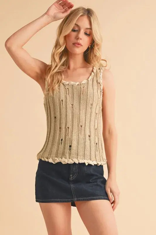 Aemi+Co Distressed Detail Round Neck Knit Tank - Trendsi - Flyclothing LLC