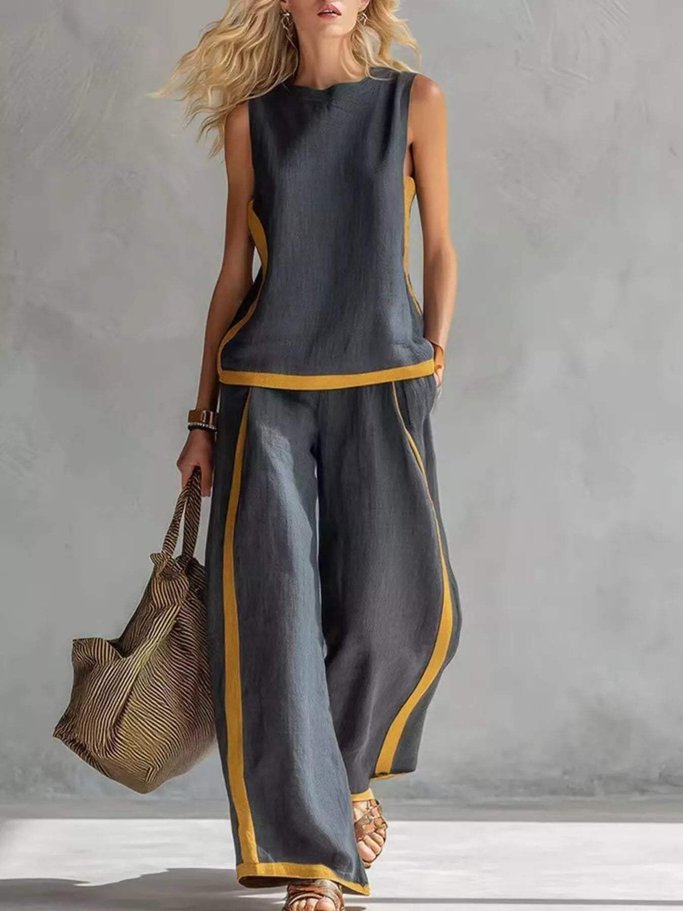 Full Size Contrast Stripe Sleeveless Top & Wide-Leg Pants Set Plus Size - Trendsi - Flyclothing LLC