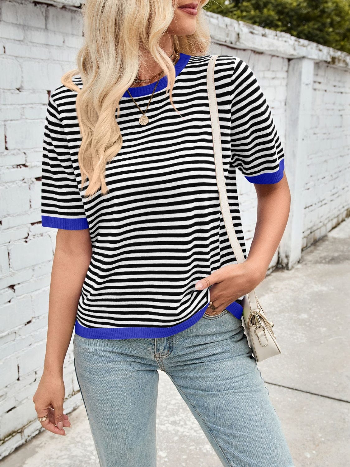 Lovelet Striped Contrast Round Neck Half Sleeve Knit Top - Trendsi