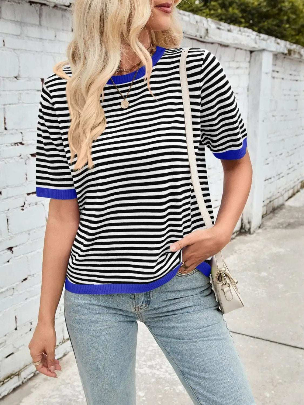 Lovelet Striped Contrast Round Neck Half Sleeve Knit Top - Trendsi - Flyclothing LLC