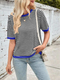 Lovelet Striped Contrast Round Neck Half Sleeve Knit Top - Trendsi - Flyclothing LLC