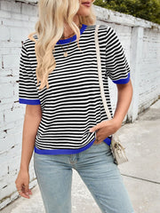 Lovelet Striped Contrast Round Neck Half Sleeve Knit Top - Trendsi