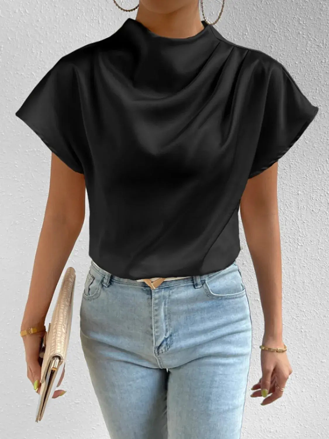 Mock Neck Short Sleeve Blouse - Trendsi - Flyclothing LLC