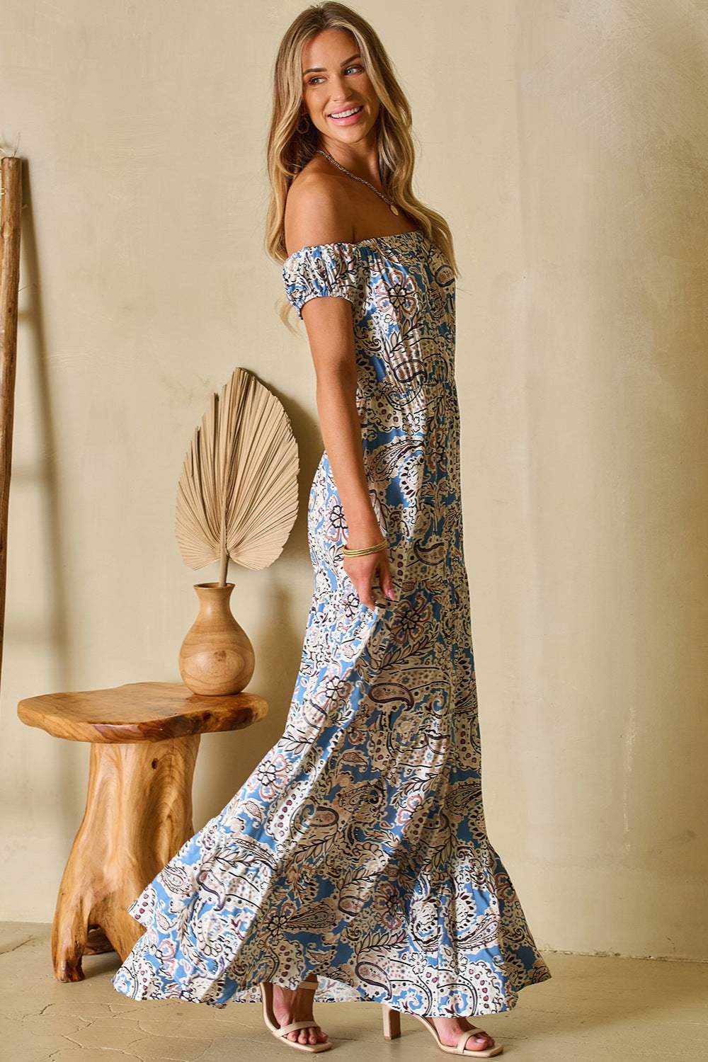 Printed Off-Shouder Short Sleeve Dress - Trendsi - Flyclothing LLC