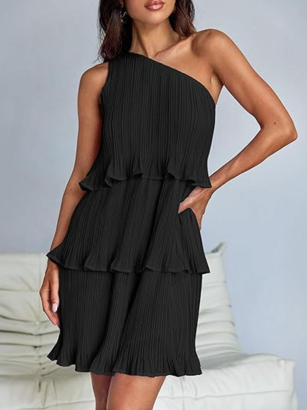 Layered Single Shoulder Mini Dress - Trendsi
