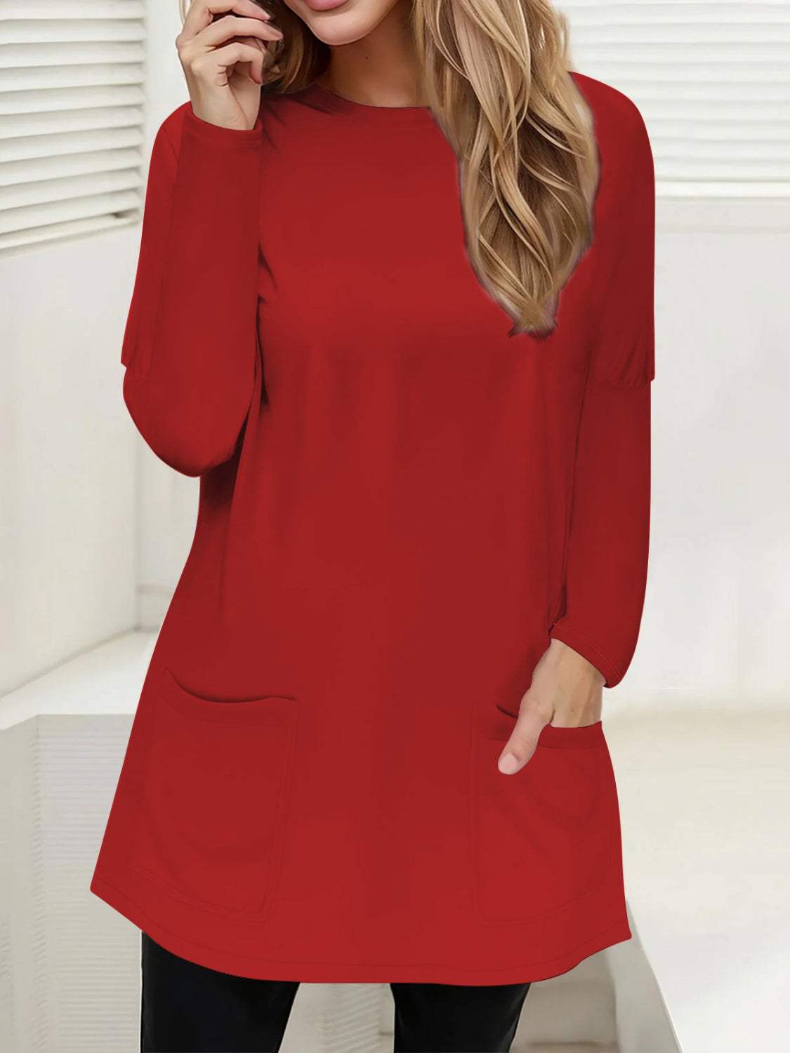Full Size Pocketed Round Neck Long Sleeve T-Shirt - Trendsi - Flyclothing LLC