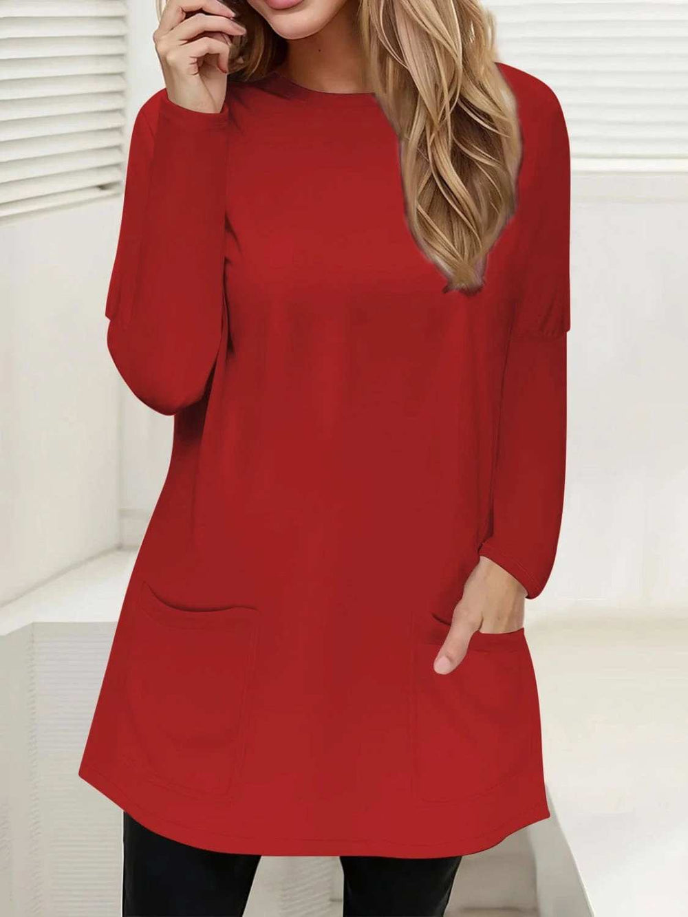 Full Size Pocketed Round Neck Long Sleeve T-Shirt - Trendsi - Flyclothing LLC