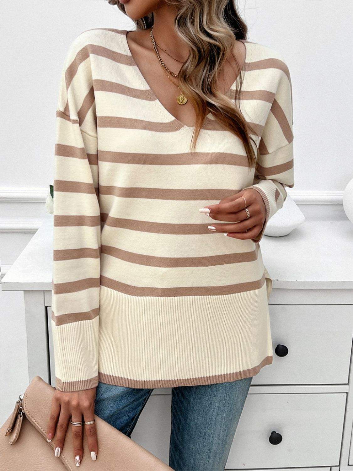 Striped V-Neck Long Sleeve Knit Top - Trendsi - Flyclothing LLC