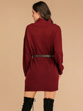 Perfee Slit Turtleneck Long Sleeve Mini Sweater Dress - Trendsi
