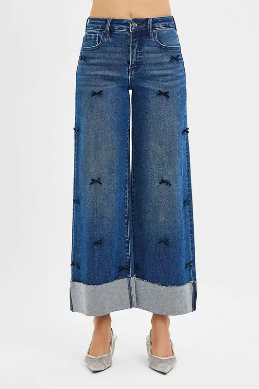 RISEN High Rise Crop Wide Leg Ribbon Detail Jeans - Trendsi - Flyclothing LLC
