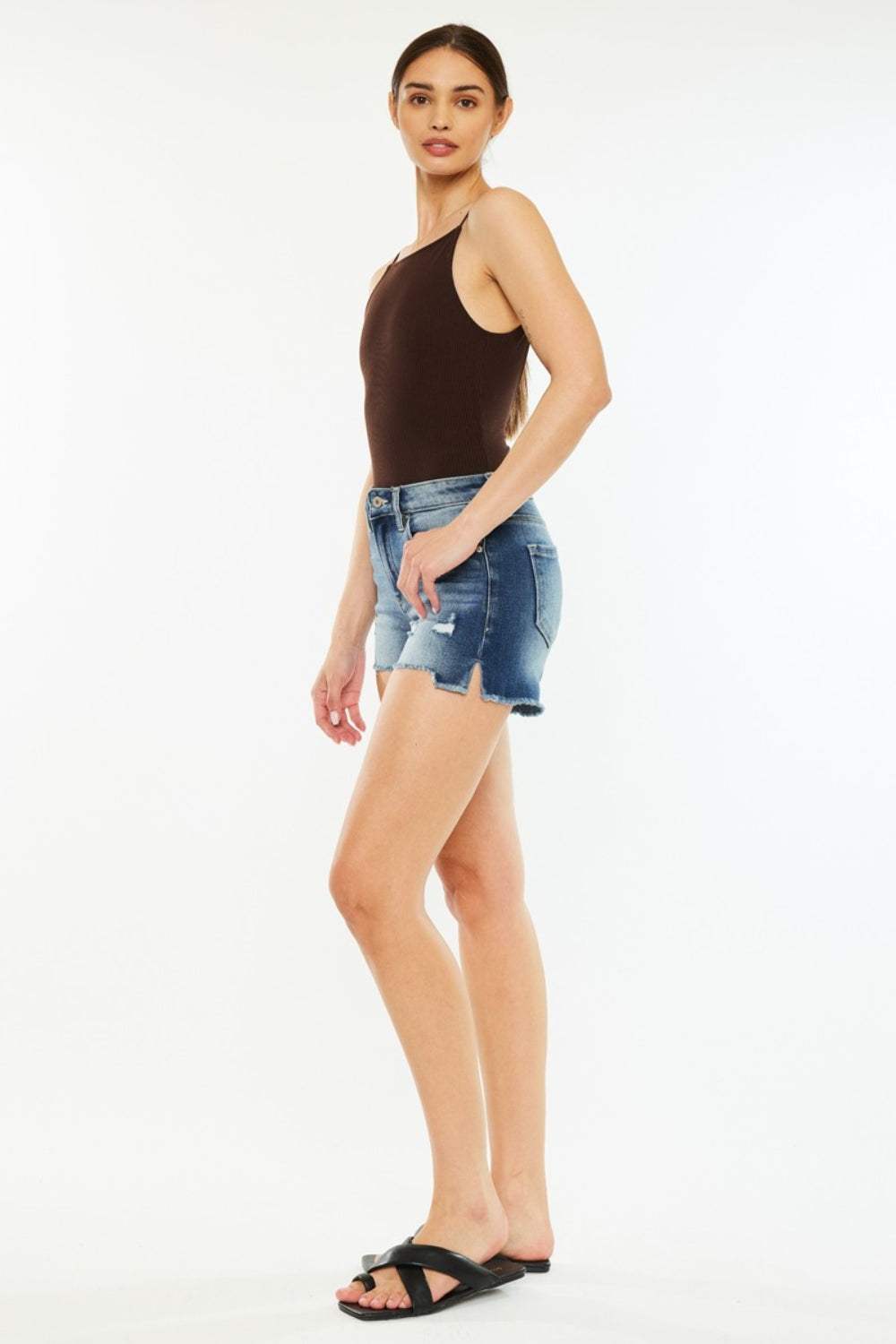 Kancan High Waist Raw Hem Denim Shorts - Trendsi - Flyclothing LLC