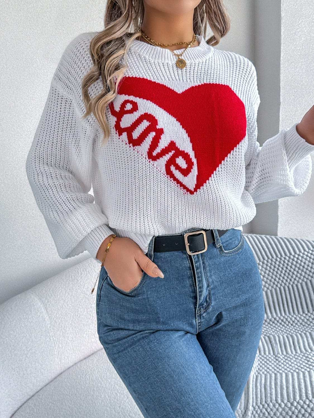 LOVE Heart Round Neck Dropped Shoulder Sweater - Trendsi - Flyclothing LLC