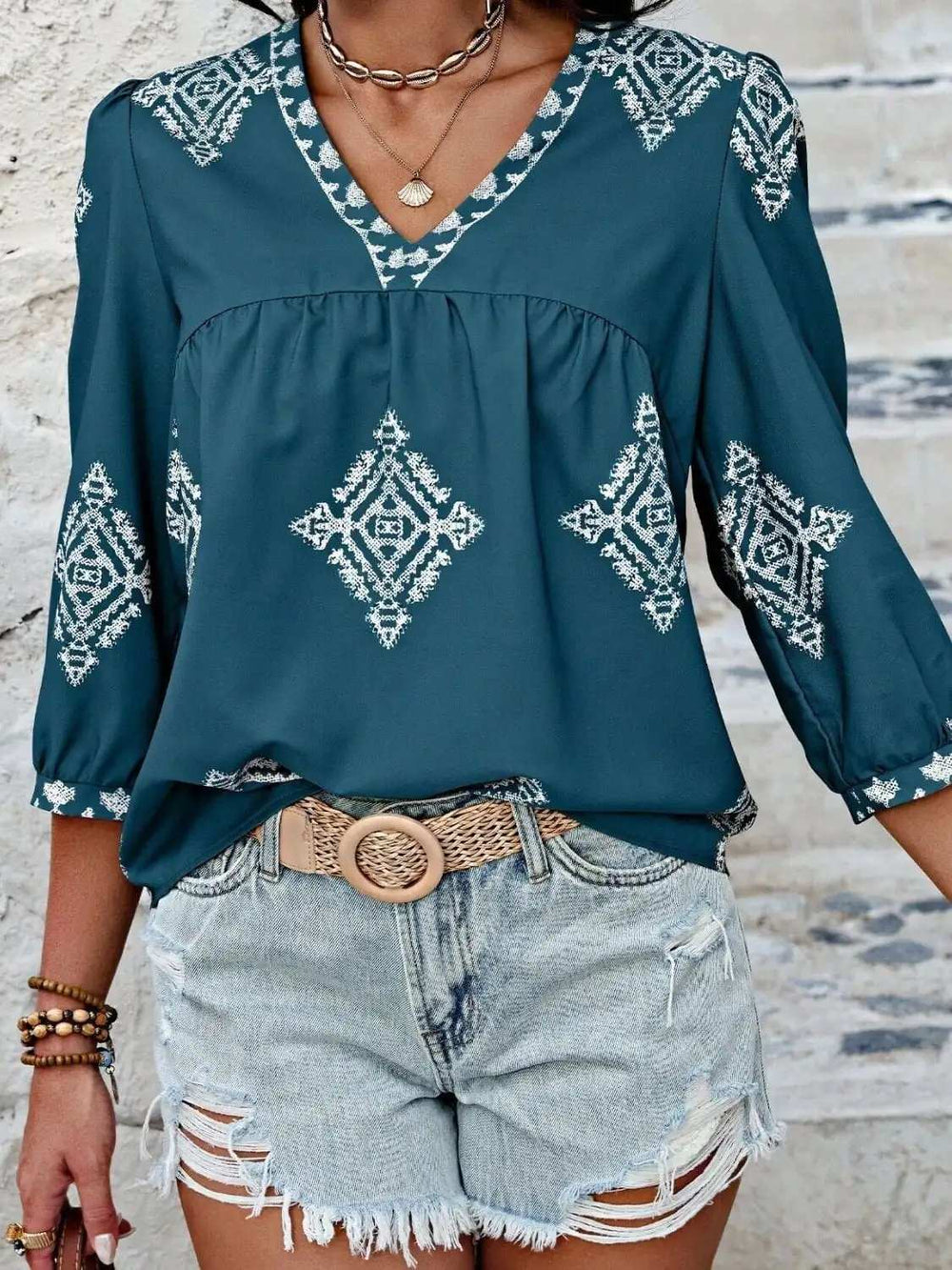 Printed V-Neck Three-Quarter Sleeve Blouse - Trendsi - Flyclothing LLC
