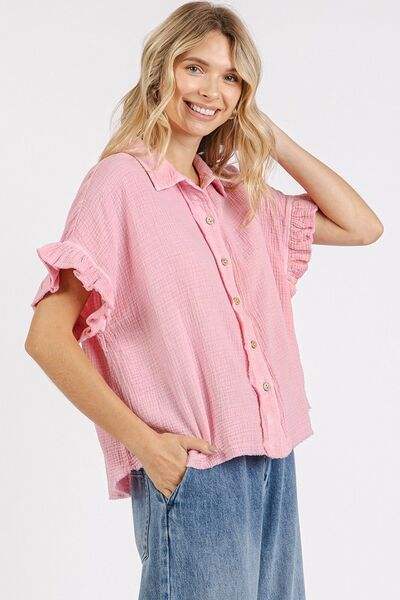 Mittoshop Mineral Washed Button Down Flounce Sleeve Shirt - Trendsi - Flyclothing LLC