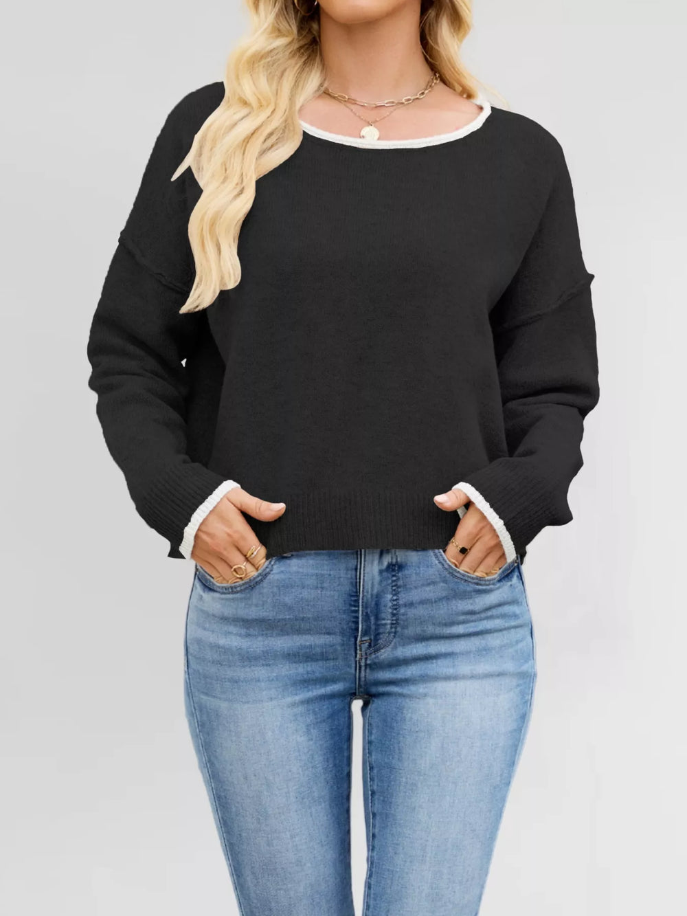 Round Neck Dropped Shoulder Sweater - Trendsi - Flyclothing LLC