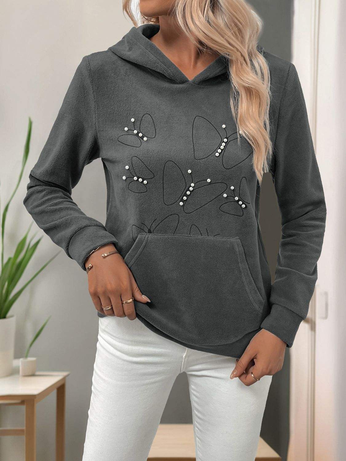 Perfee Pearl Butterfly Long Sleeve Hoodie - Trendsi - Flyclothing LLC