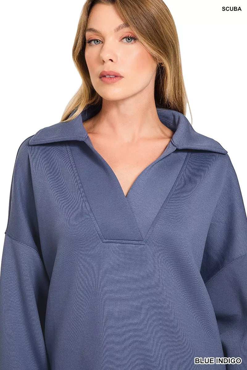 Zenana Scuba Collared Pullover and Pants Set - Trendsi - Flyclothing LLC