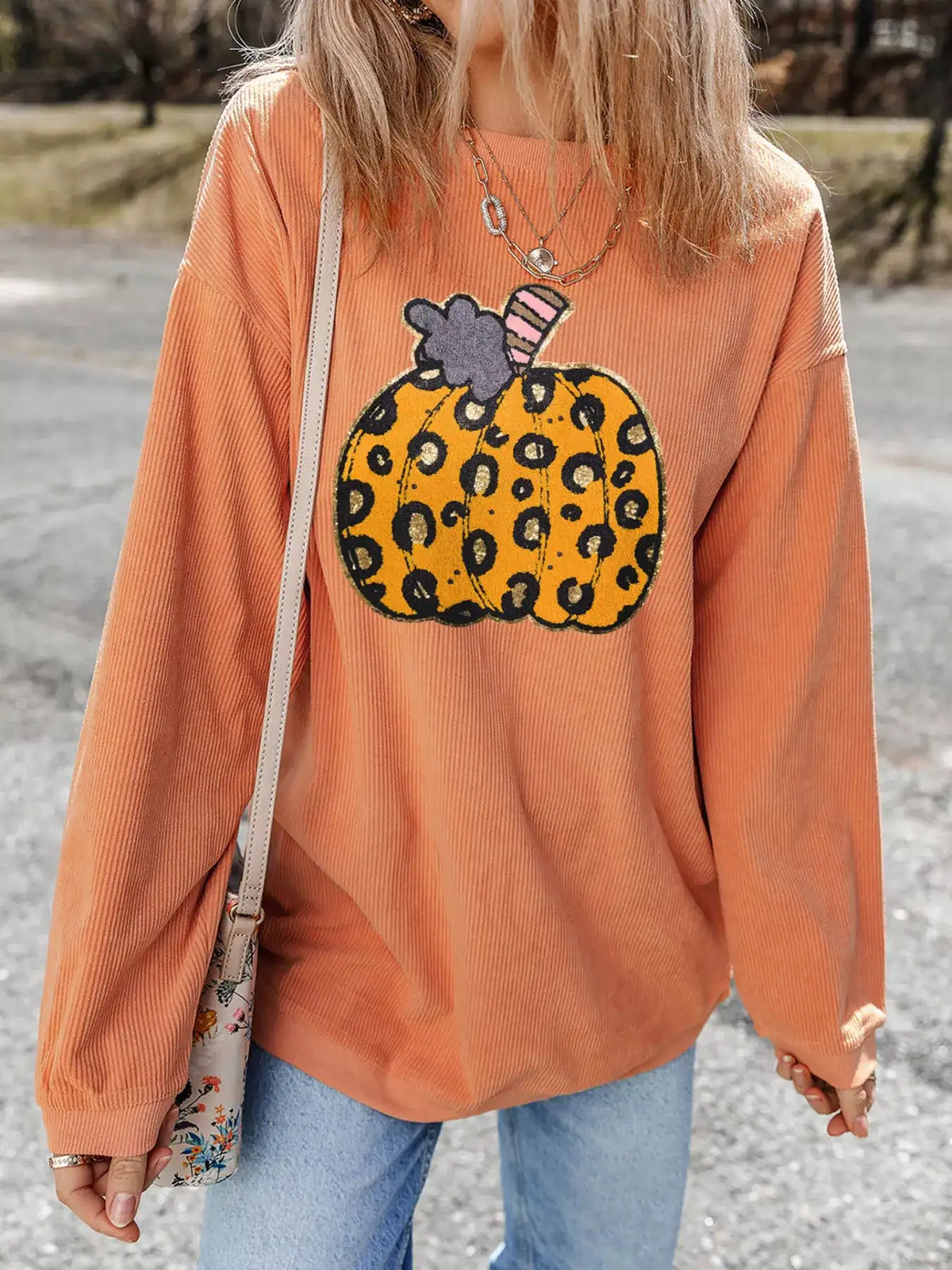 Halloween Leopard Pumpkin Patchwork Ribbed Sweatshirt - Trendsi - Flyclothing LLC