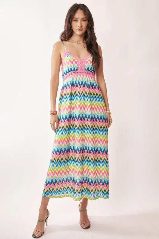 Davi & Dani Multi Color Crochet Lace Midi Dress - Trendsi - Flyclothing LLC