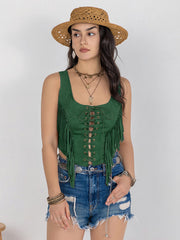 Fringe Lace-Up Wide Strap Tank - Trendsi