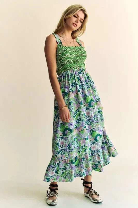 Davi & Dani Multi Smocked Bodice Geo Ruffle Strappy Midi Dress - Trendsi - Flyclothing LLC