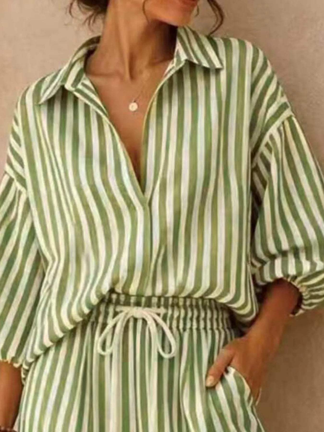 Full Size Striped Puff Sleeve Shirt and Wide-Leg Drawstring Pants Set Plus Size - Trendsi - Flyclothing LLC